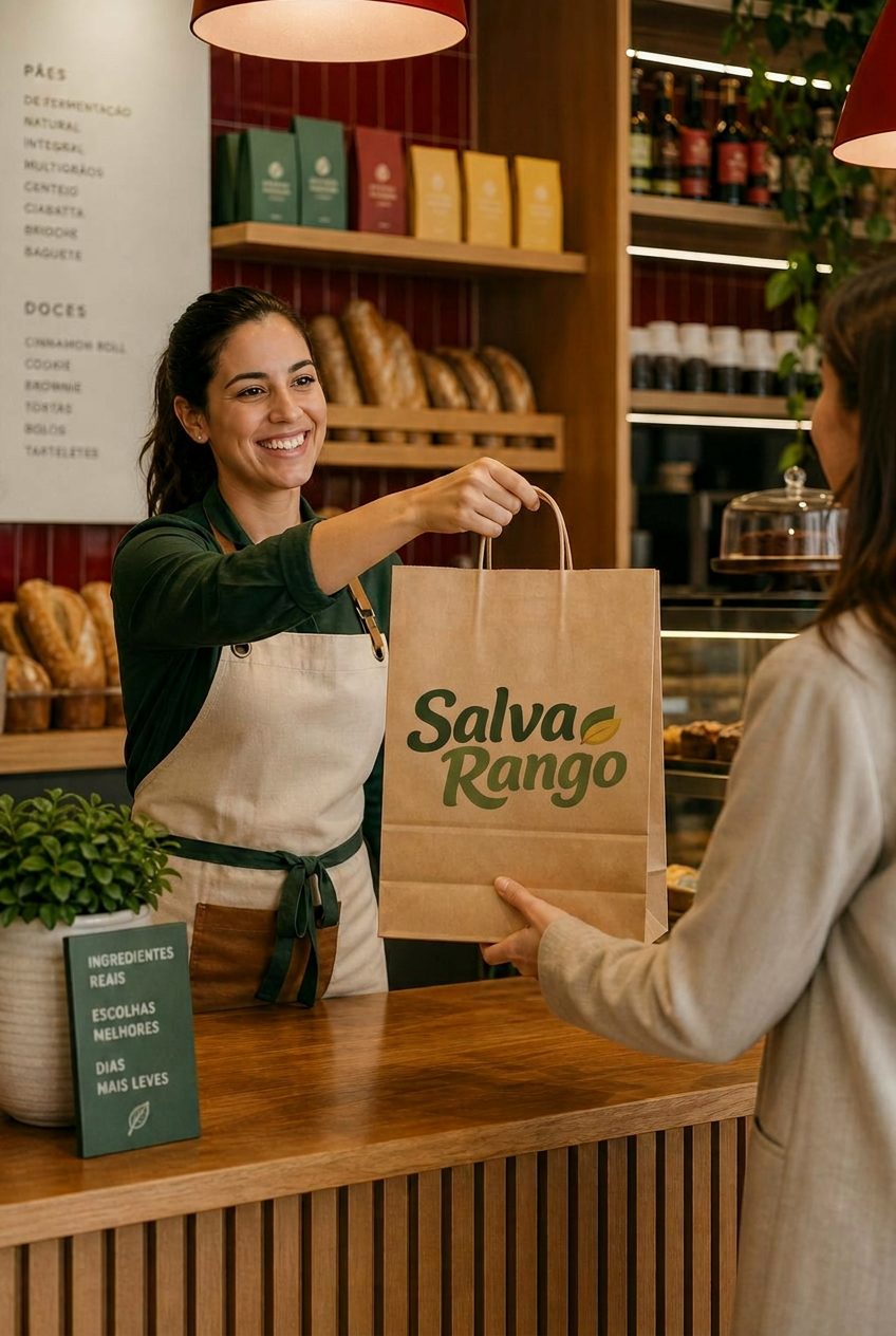 Atendente sorridente entregando sacola kraft de kit surpresa para cliente em padaria parceira